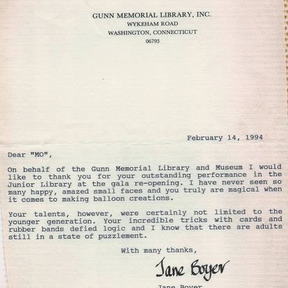 Scan of a handwritten thank‑you note complimenting Mo Magic